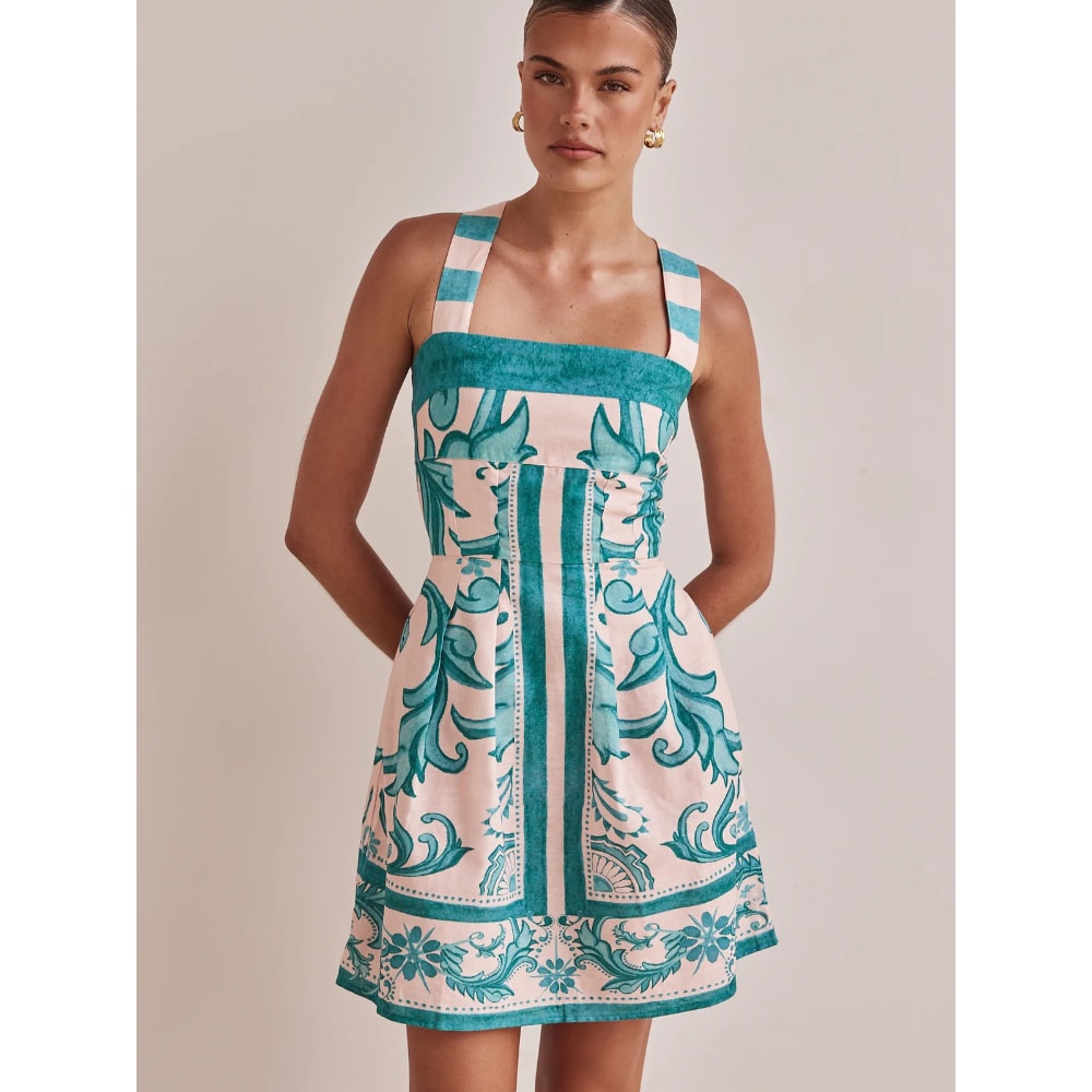 Short Vacation Strap Color Blocked Dress, Elegant New Printed Bohemian Dress