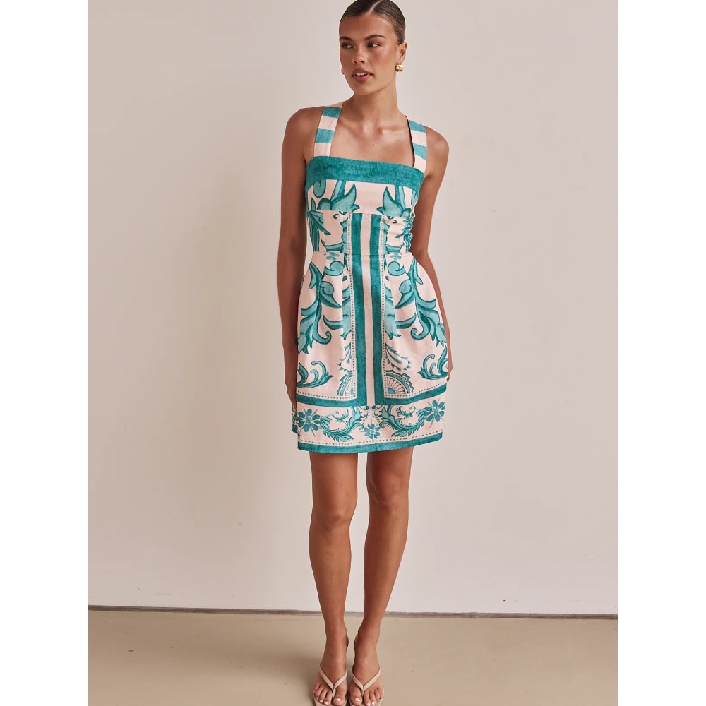 Short Vacation Strap Color Blocked Dress, Elegant New Printed Bohemian Dress