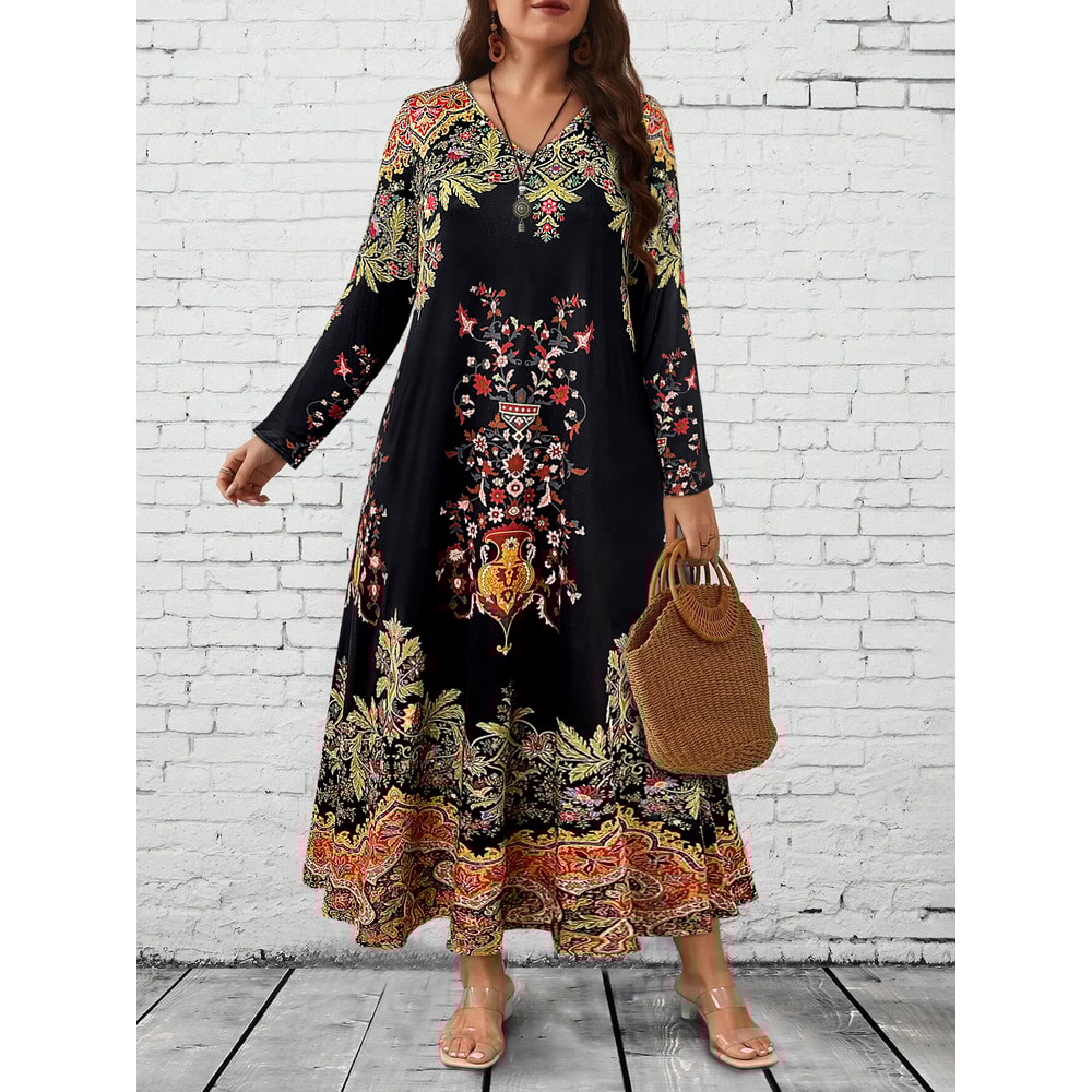 Floral Maxi Dress Women, Long Sleeve V Neck, Ethnic Print, Relaxed Casual and Festival Wear