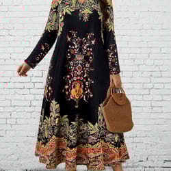 floral maxi dress women, long sleeve v neck, ethnic print, relaxed casual and festival wear