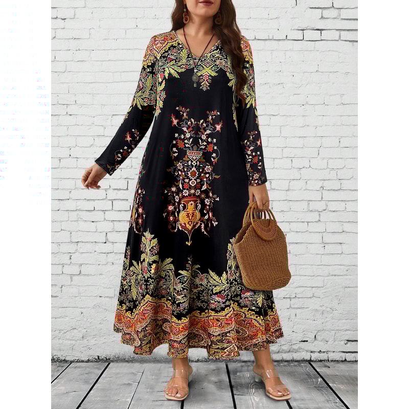 Floral Maxi Dress Women, Long Sleeve V Neck, Ethnic Print, Relaxed Casual and Festival Wear