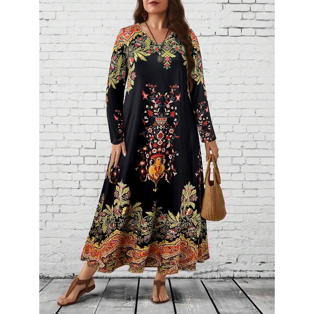 Floral Maxi Dress Women, Long Sleeve V Neck, Ethnic Print, Relaxed Casual and Festival Wear