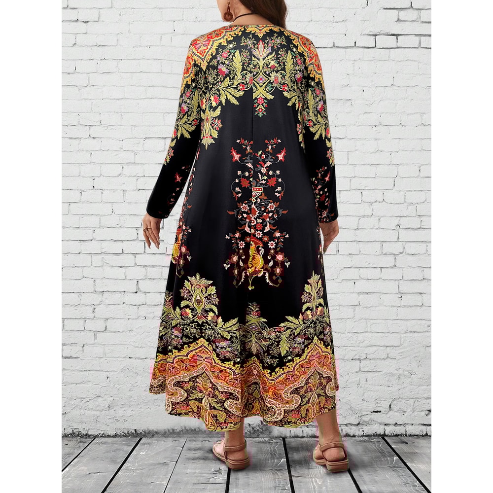 Floral Maxi Dress Women, Long Sleeve V Neck, Ethnic Print, Relaxed Casual and Festival Wear