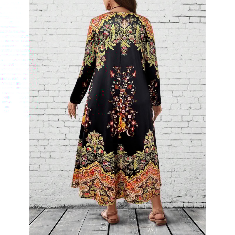 Floral Maxi Dress Women, Long Sleeve V Neck, Ethnic Print, Relaxed Casual and Festival Wear