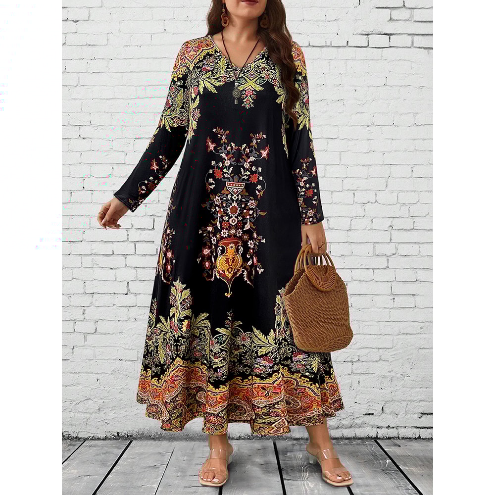 Floral Maxi Dress Women, Long Sleeve V Neck, Ethnic Print, Relaxed Casual and Festival Wear