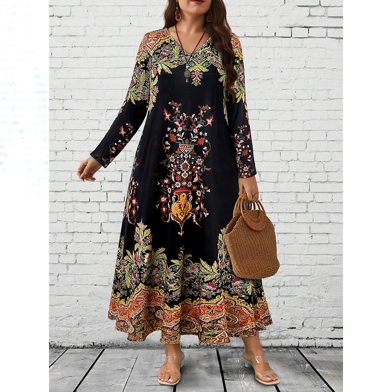 Floral Maxi Dress Women, Long Sleeve V Neck, Ethnic Print, Relaxed Casual and Festival Wear