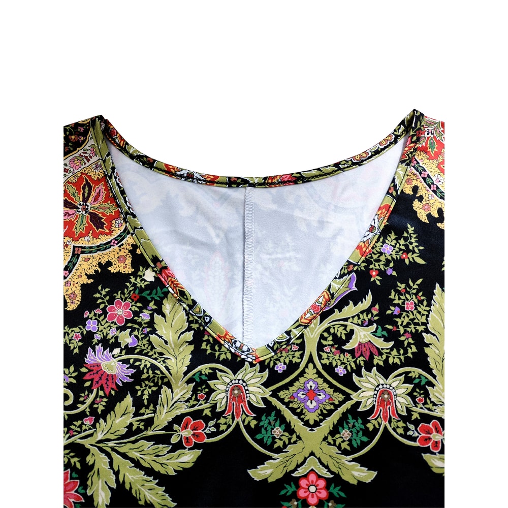 Floral Maxi Dress Women, Long Sleeve V Neck, Ethnic Print, Relaxed Casual and Festival Wear