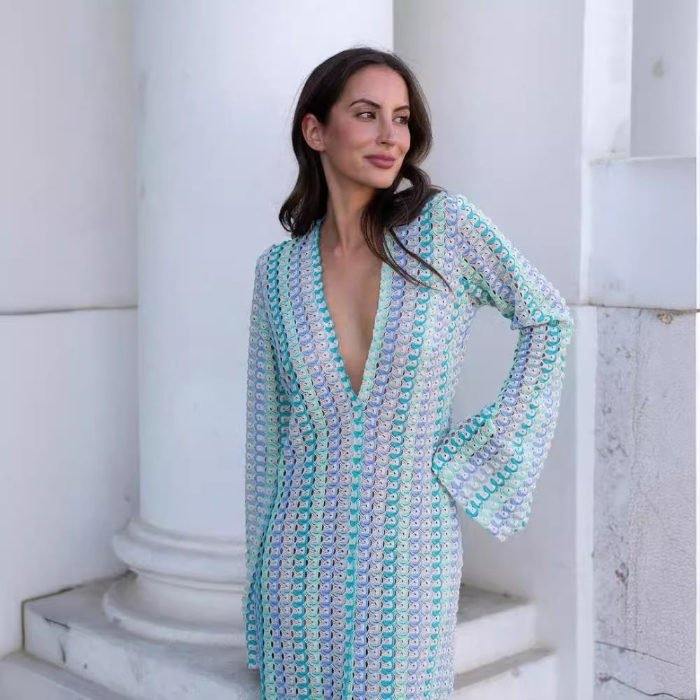 Women Flare Sleeve Deep V-neck High Split Long Dress, Sexy Autumn Beach Banquet Vestidos