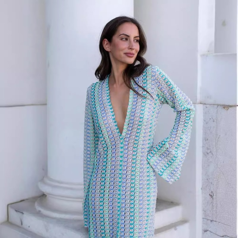 Women Flare Sleeve Deep V-neck High Split Long Dress, Sexy Autumn Beach Banquet Vestidos