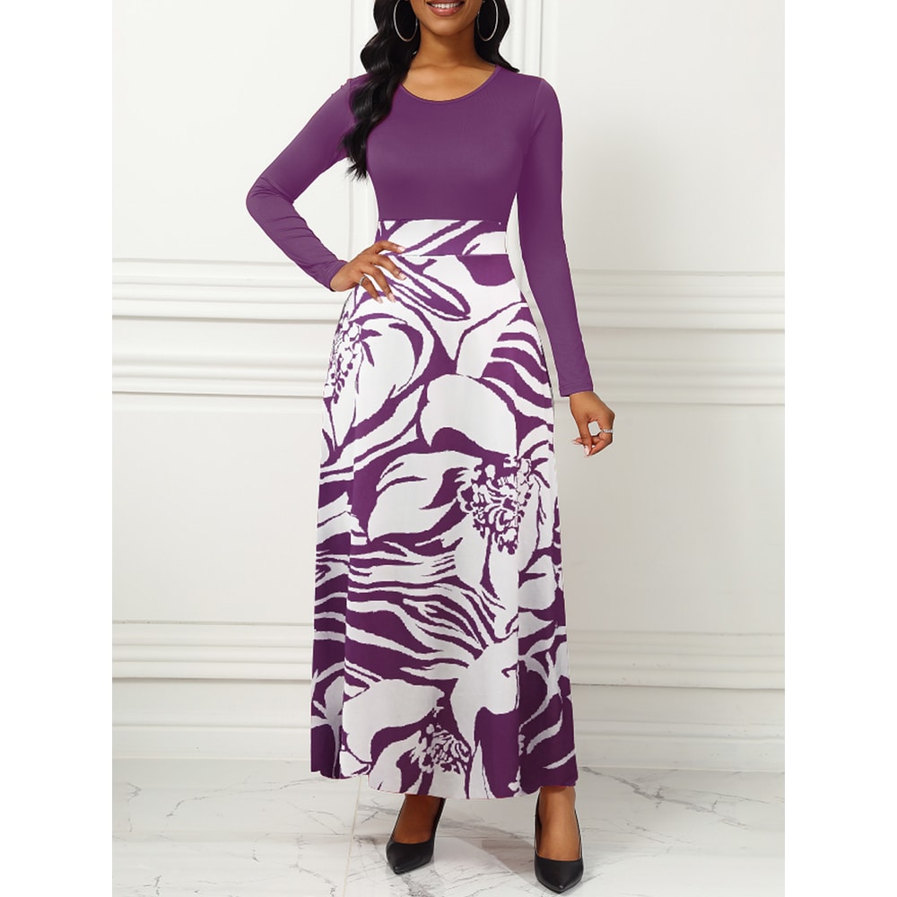 Purple Elegant Style Women Dresses Long Sleeve Round Neck, Printed Hem Long Dress