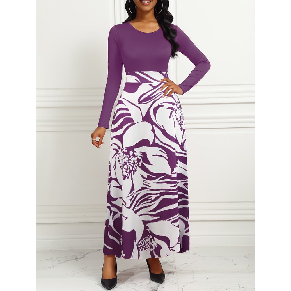 Purple Elegant Style Women Dresses Long Sleeve Round Neck, Printed Hem Long Dress