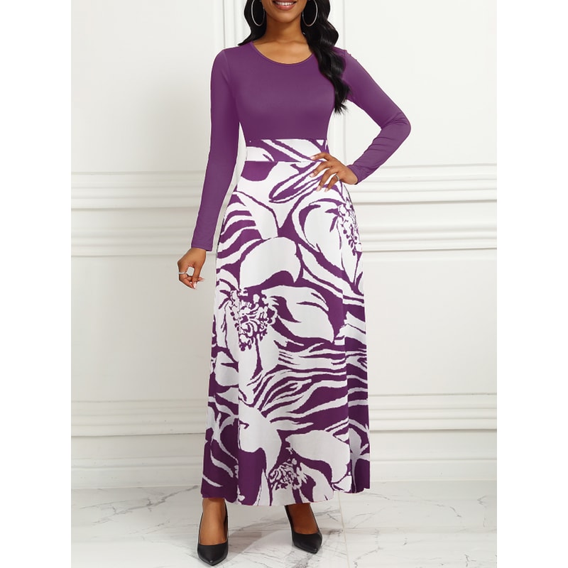 Purple Elegant Style Women Dresses Long Sleeve Round Neck, Printed Hem Long Dress