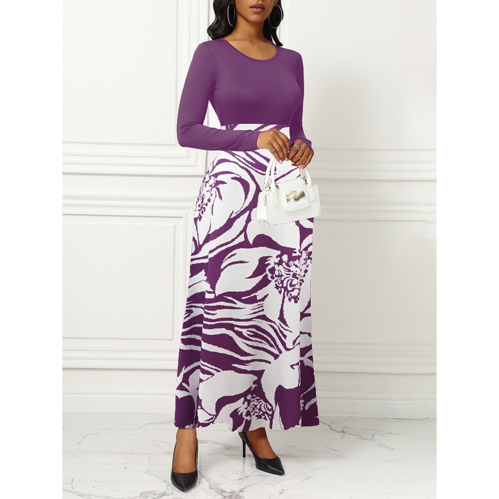 Purple Elegant Style Women Dresses Long Sleeve Round Neck, Printed Hem Long Dress