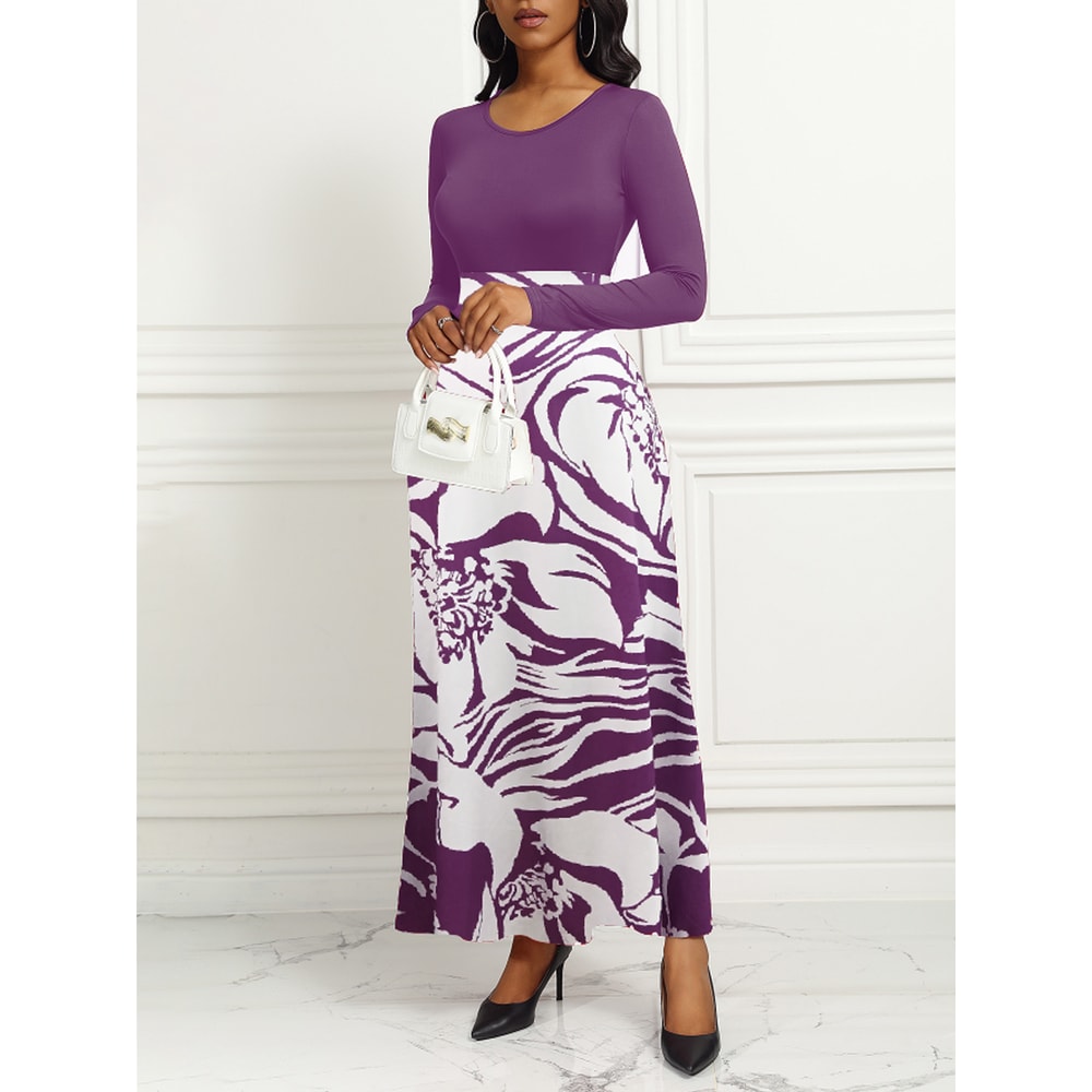 Purple Elegant Style Women Dresses Long Sleeve Round Neck, Printed Hem Long Dress