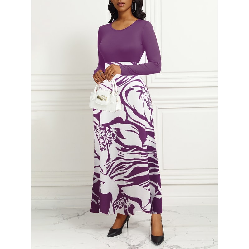 Purple Elegant Style Women Dresses Long Sleeve Round Neck, Printed Hem Long Dress
