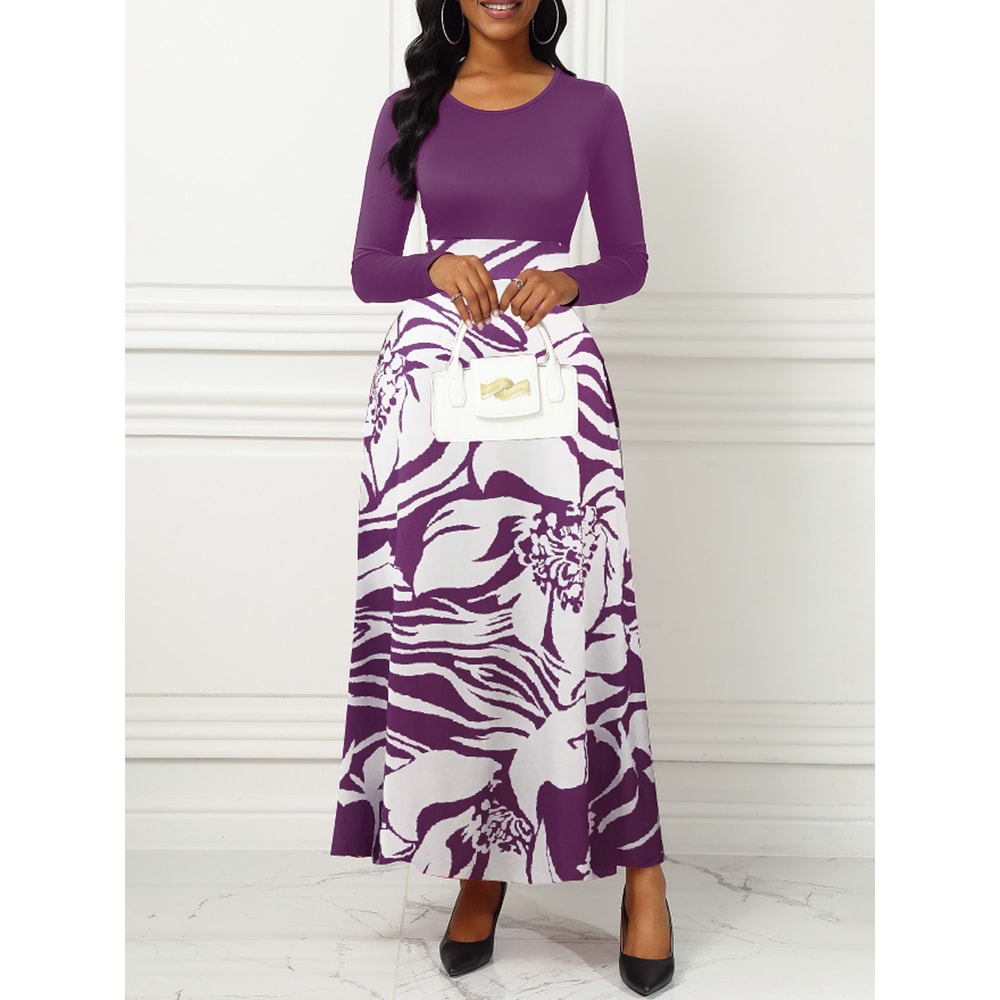 Purple Elegant Style Women Dresses Long Sleeve Round Neck, Printed Hem Long Dress