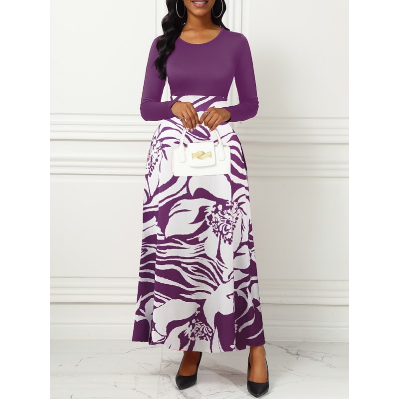 Purple Elegant Style Women Dresses Long Sleeve Round Neck, Printed Hem Long Dress