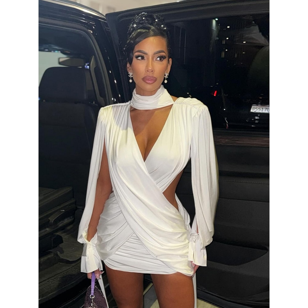 Nibber Waistless Dress for Women, Cross High Neck Bandage Mini Bodycon, Long Sleeve Backless Sexy Party Dress