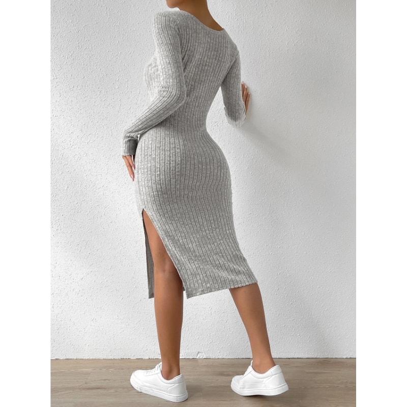 Casual Long Sleeve Bodycon Dress Scoop Neck Midi Dress For Fall And Winter Womens Clothing 1