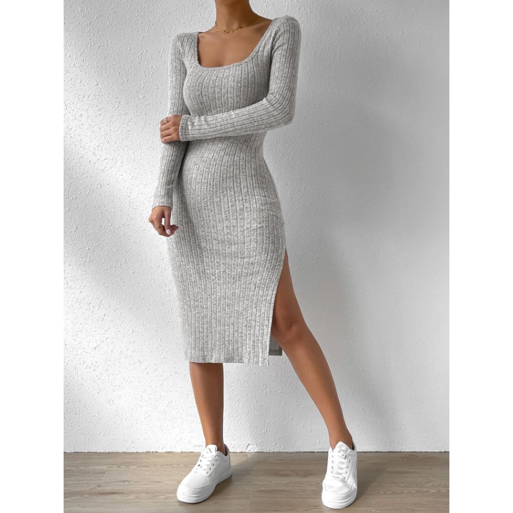 Casual Long Sleeve Bodycon Dress Scoop Neck Midi Dress For Fall And Winter Womens Clothing 2