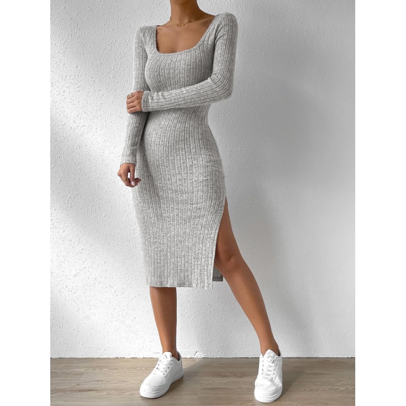 Casual Long Sleeve Bodycon Dress Scoop Neck Midi Dress For Fall And Winter Womens Clothing 2