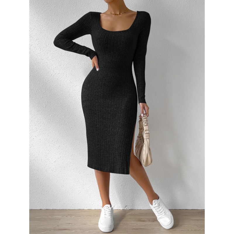 Casual Long Sleeve Bodycon Dress Scoop Neck Midi Dress For Fall And Winter Womens Clothing 5