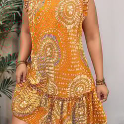 summer new womens elegant slim fit short sleeve dress, black gold red paisley print, ruched hem, round neck