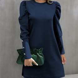 solid color round collar bubble sleeve button long-sleeved dress, women's autumn and winter new fashion outfit