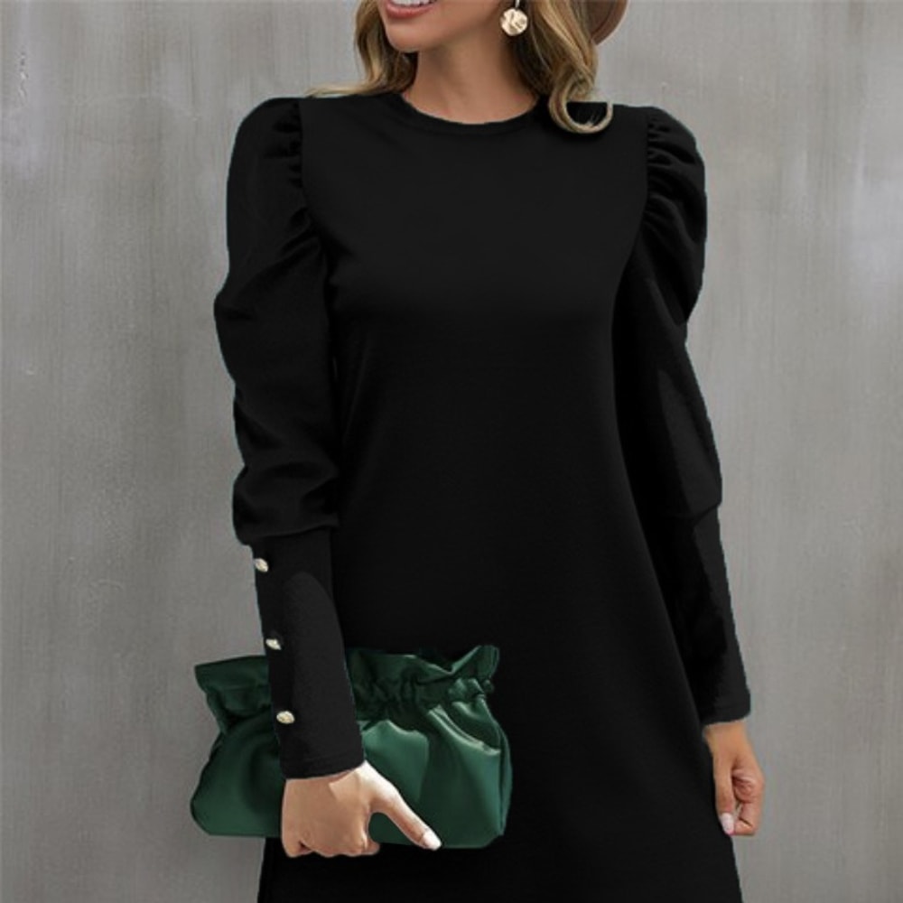 Solid Color Round Collar Bubble Sleeve Button Long-Sleeved Dress, Women's Autumn and Winter New Fashion Outfit