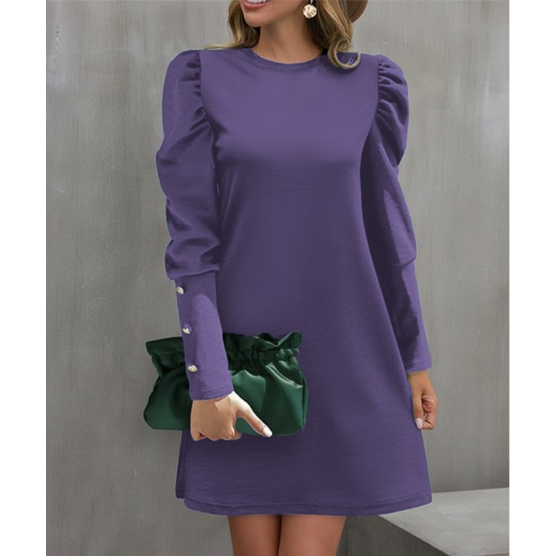 Solid Color Round Collar Bubble Sleeve Button Long-Sleeved Dress, Women's Autumn and Winter New Fashion Outfit