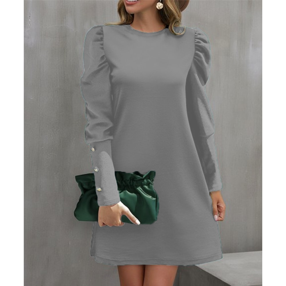 Solid Color Round Collar Bubble Sleeve Button Long-Sleeved Dress, Women's Autumn and Winter New Fashion Outfit