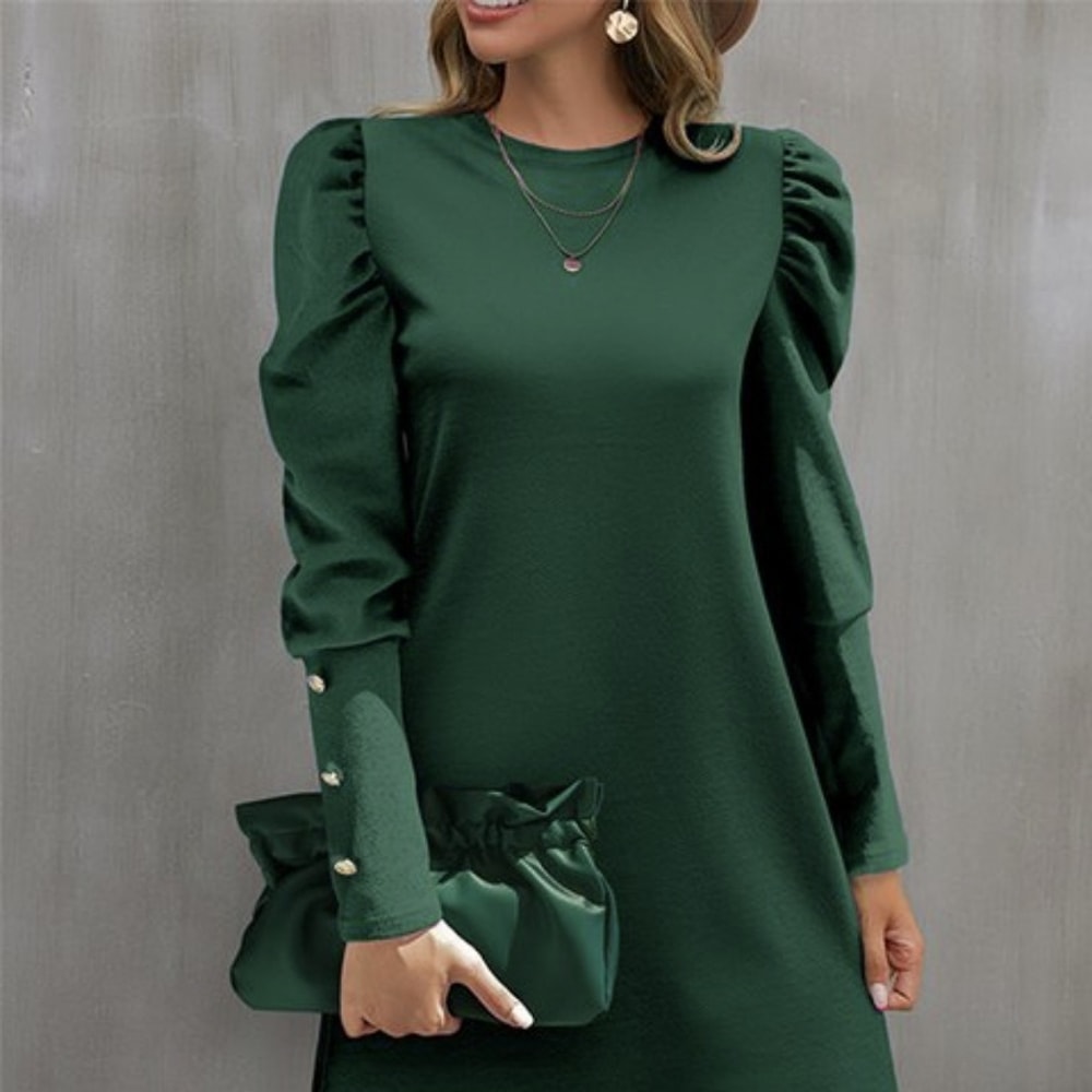 Solid Color Round Collar Bubble Sleeve Button Long-Sleeved Dress, Women's Autumn and Winter New Fashion Outfit