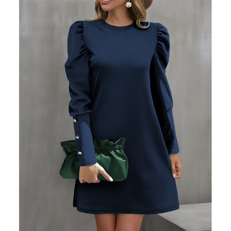 Solid Color Round Collar Bubble Sleeve Button Long-Sleeved Dress, Women's Autumn and Winter New Fashion Outfit