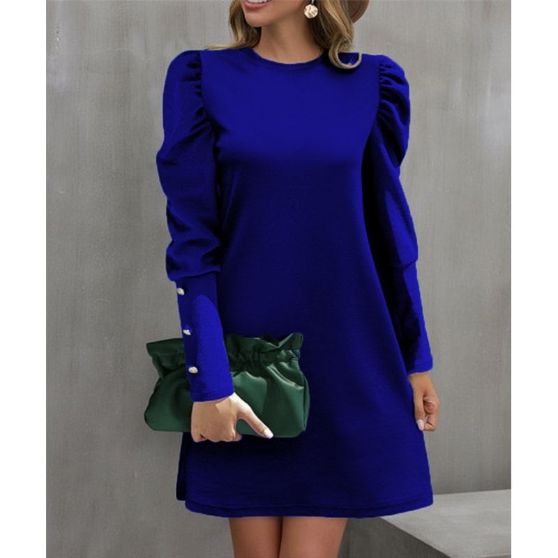 Solid Color Round Collar Bubble Sleeve Button Long-Sleeved Dress, Women's Autumn and Winter New Fashion Outfit