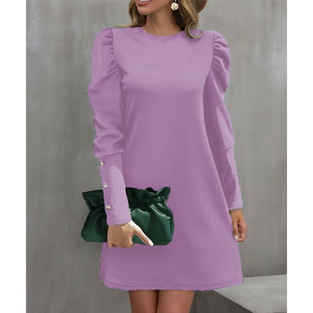 Solid Color Round Collar Bubble Sleeve Button Long-Sleeved Dress, Women's Autumn and Winter New Fashion Outfit