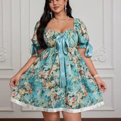 romantic floral pattern square neck dress for ladies, short sleeve elegant chinese inspired teenager wear