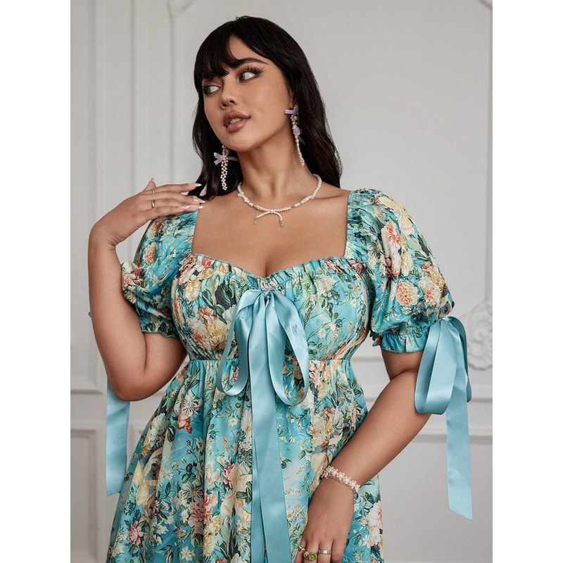 Romantic Floral Pattern Square Neck Dress for Ladies, Short Sleeve Elegant Chinese Inspired Teenager Wear