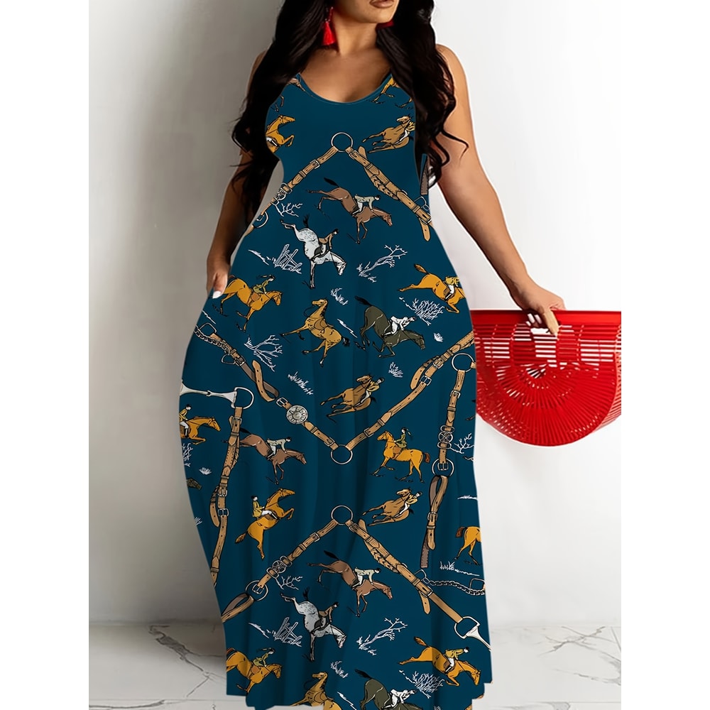 Womens Cross Border Summer Fashion Print Dress, Round Neck Sling Dress for Casual Daily Wear