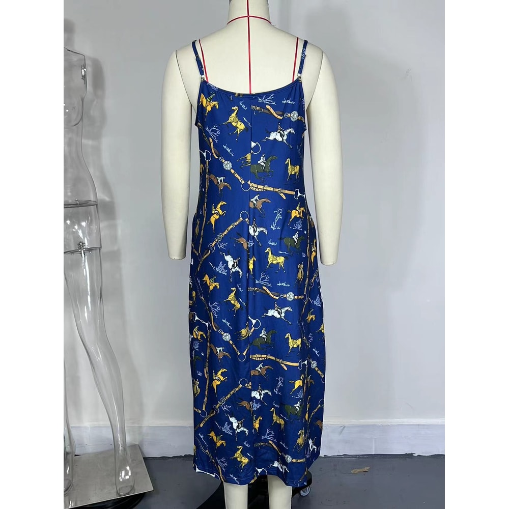 Womens Cross Border Summer Fashion Print Dress, Round Neck Sling Dress for Casual Daily Wear