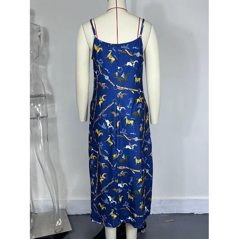 Womens Cross Border Summer Fashion Print Dress, Round Neck Sling Dress for Casual Daily Wear