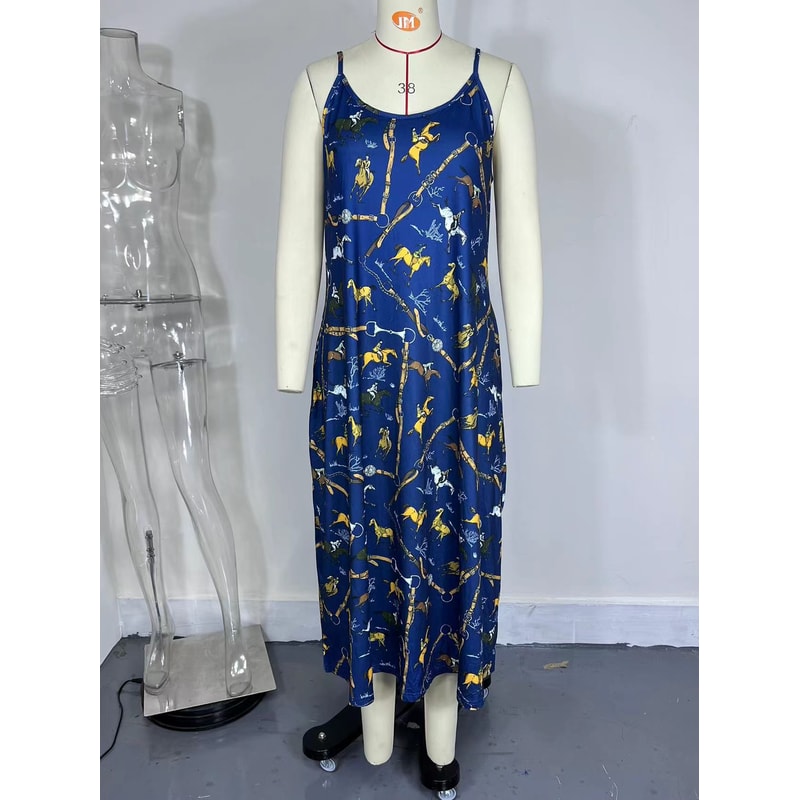 Womens Cross Border Summer Fashion Print Dress, Round Neck Sling Dress for Casual Daily Wear