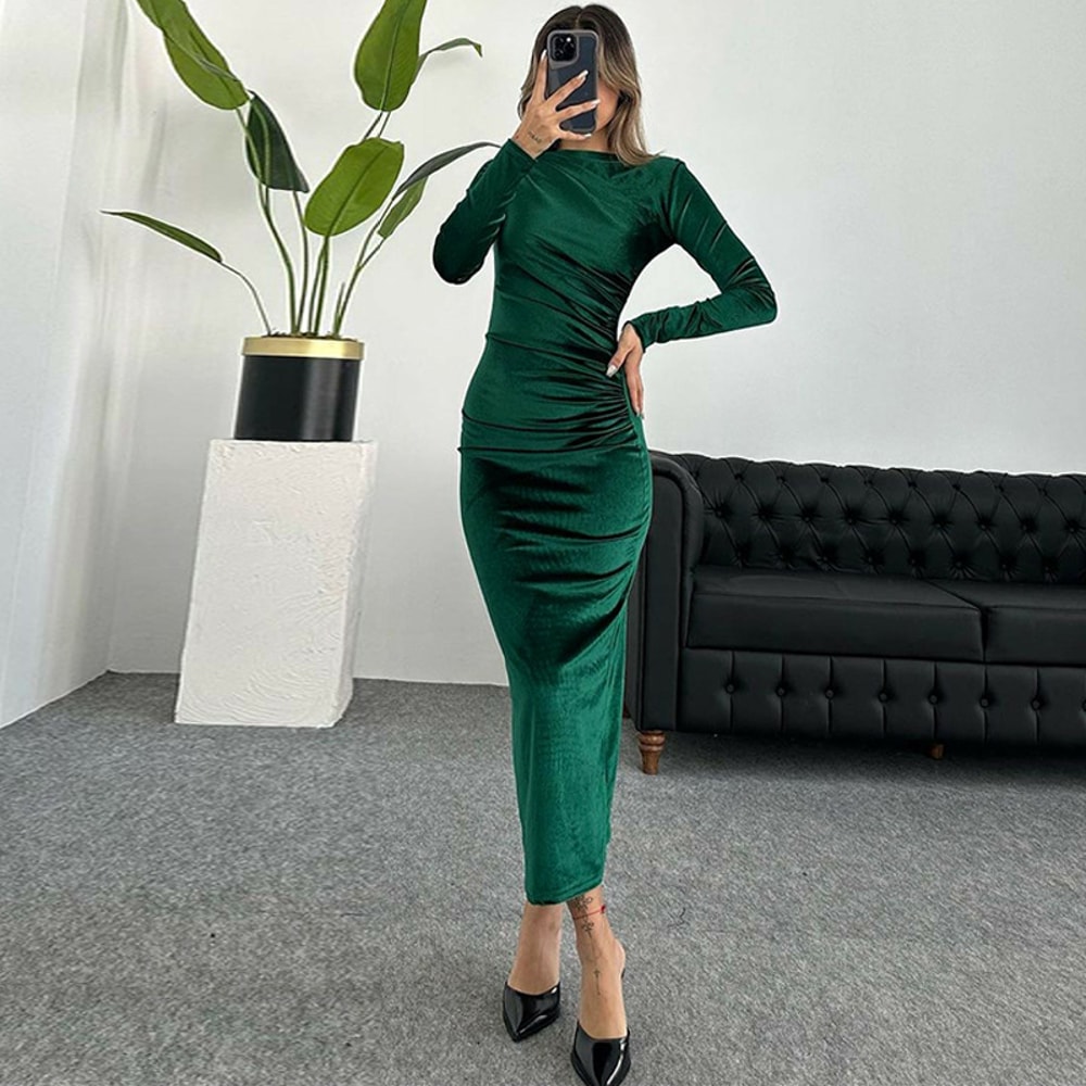 Elegant Party Clothes, Midi Dress For Women Ruched Long, Evening Green Outfits