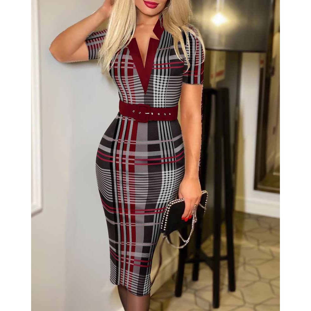 Long Sleeve Knit Bodycon, Pattern V-Neck Midi Pencil Dress with Belt for All Seasons