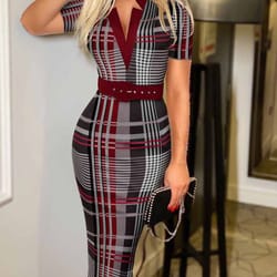 long sleeve knit bodycon, pattern v-neck midi pencil dress with belt for all seasons