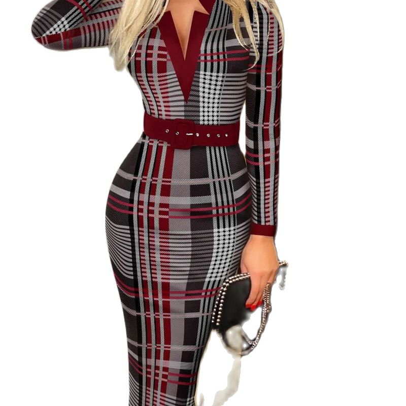Long Sleeve Knit Bodycon, Pattern V-Neck Midi Pencil Dress with Belt for All Seasons