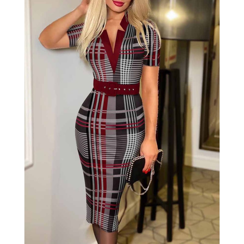 Long Sleeve Knit Bodycon, Pattern V-Neck Midi Pencil Dress with Belt for All Seasons
