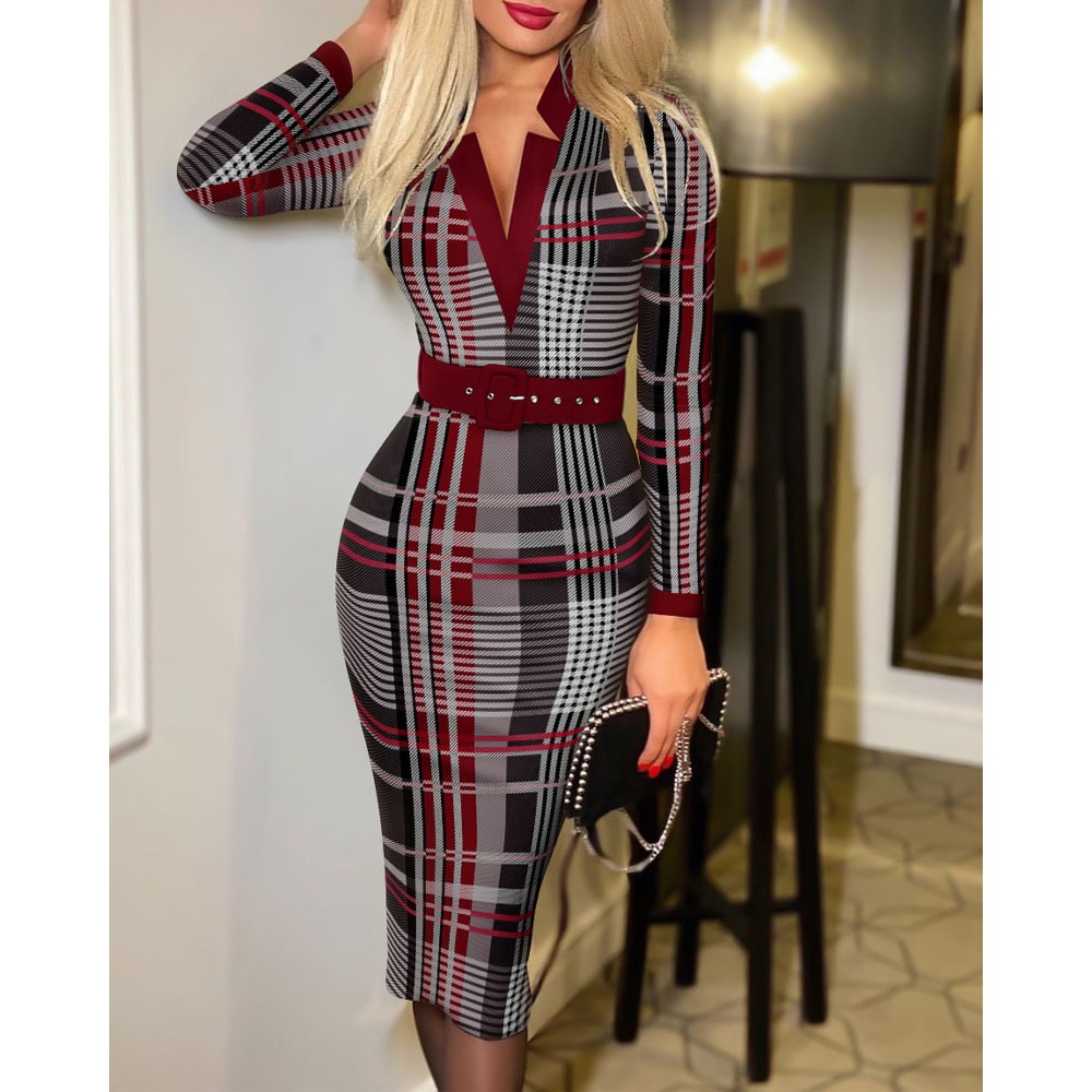 Long Sleeve Knit Bodycon, Pattern V-Neck Midi Pencil Dress with Belt for All Seasons