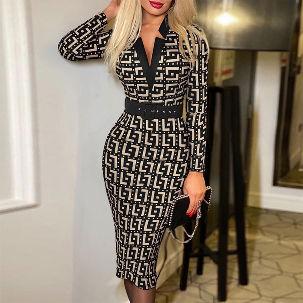 Long Sleeve Knit Bodycon, Pattern V-Neck Midi Pencil Dress with Belt for All Seasons