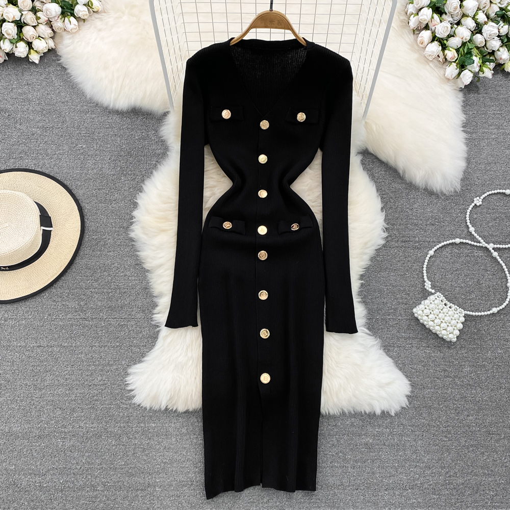 Solid Front Split Midi, New Single Breasted Long Sleeve, Dresses Female