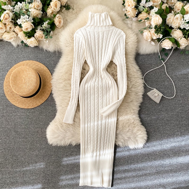 Sheath Knitwear Office Dress, Wrap Knitted Long Sleeve, Bodycon Dress Female